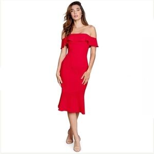 Dress The Population Faye Off Shoulder Strapless Ruffle Midi Dress Rouge Red XXS